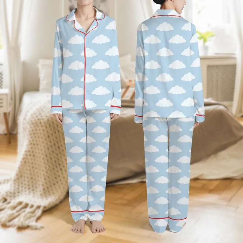 Women's Serene Pastel Sky Blue Tonal Abstract Soft Cloud Pattern Satin Pajamas Set - 1