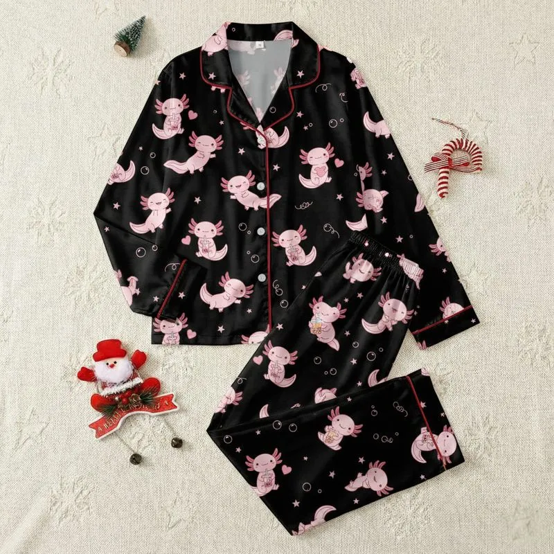 Women's & Teen Girls' Cute Kawaii Pink Axolotl Boba & Heart Pattern on Deep Black with Pastel Stars & Bubbles Satin Pajamas Set - 1
