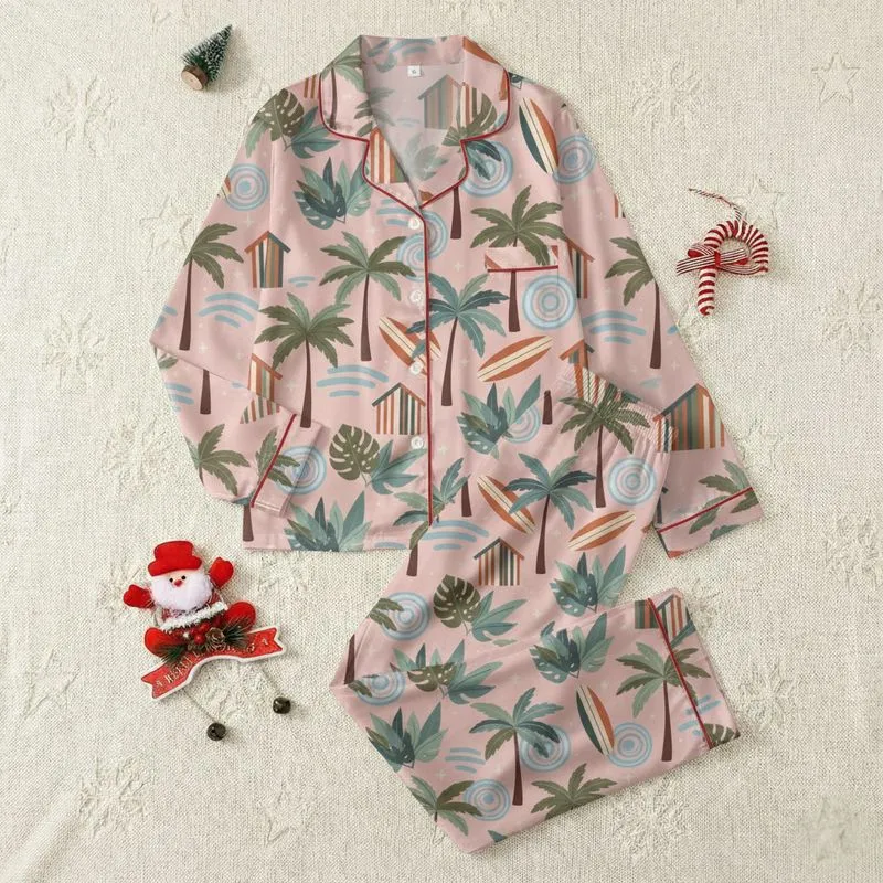 Women's Blush Pink Hand-Drawn Vintage Tropical Resort: Olive Palms, Teal Waves, Terracotta Surfboards Satin Pajamas Set - 1
