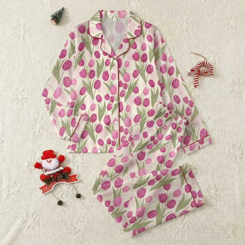 Women's Hand-Drawn Magenta Fuchsia Tulip Muted Green Cream Yellow Watercolor Pattern Satin Pajamas Set - 1