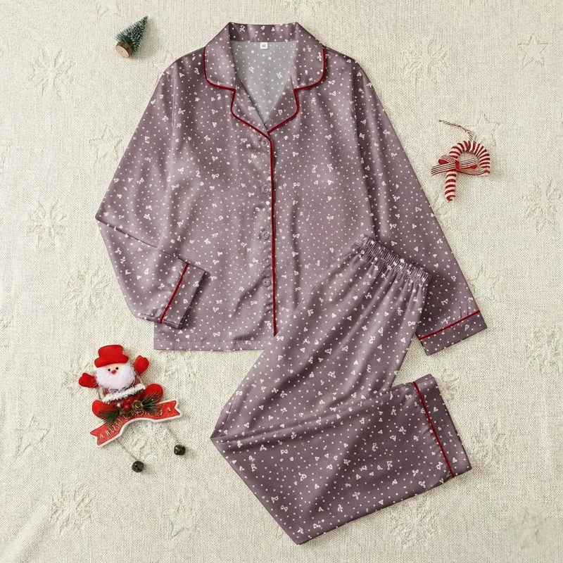 Women's Muted Mauve Pink Minimalist Flat White Bow Heart Star Pattern Satin Pajamas Set - 1