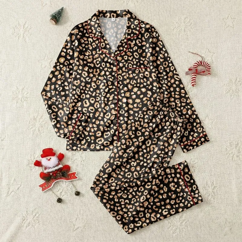 Women's Deep Black Tan Brown Irregular Leopard Spot Pattern with Subtle Pink Accents Satin Pajamas Set - 1