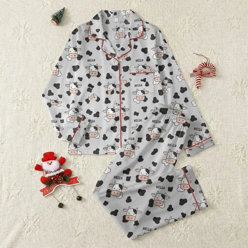 Women's Whimsical Cartoon Cow Faces Black Spots Light Grey Pink Hello Pattern Satin Pajamas Set - 1
