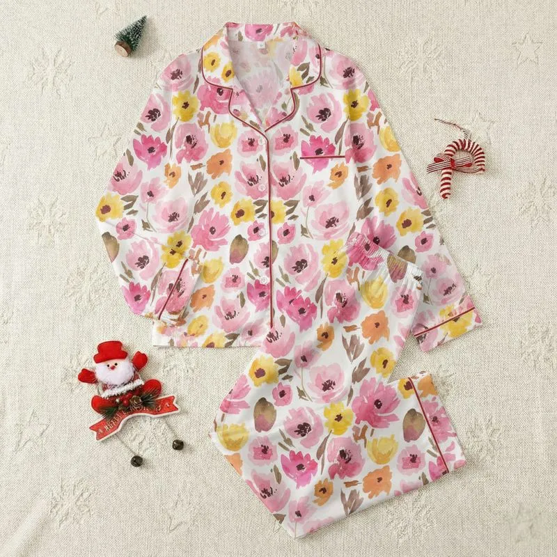 Women's Impressionistic Watercolor Floral Blush Rose Fuchsia Poppy Blossom All-Over Print Satin Pajamas Set - 1