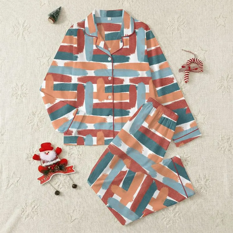 Women's Muted Brick Red Terracotta Blue Teal Abstract Hand-Drawn Textured Brushstroke Pattern Satin Pajamas Set - 1