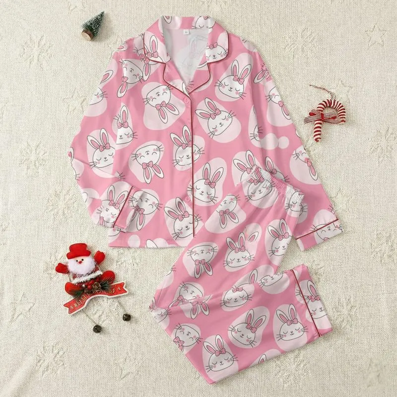 Women's Bubblegum Pink & Pastel Pink All-Over Sleepy Cartoon Bunny Pattern with Polka-Dot Bows Satin Pajamas Set - 1