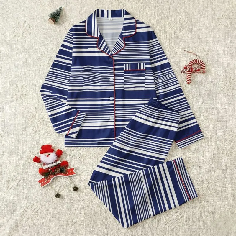 Women's Deep Navy White Nautical Varying Horizontal Stripes Geometric Blocks Satin Pajamas Set - 1
