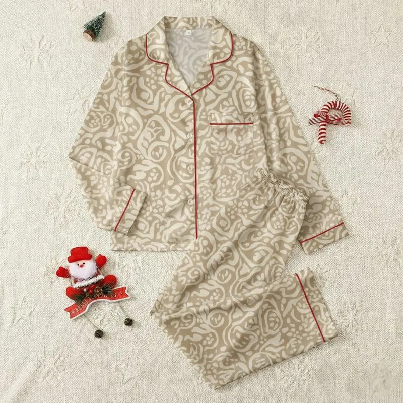 Women's Subtle Elegant Muted Beige Cream Organic Abstract Textural Design Satin Pajamas Set - 1