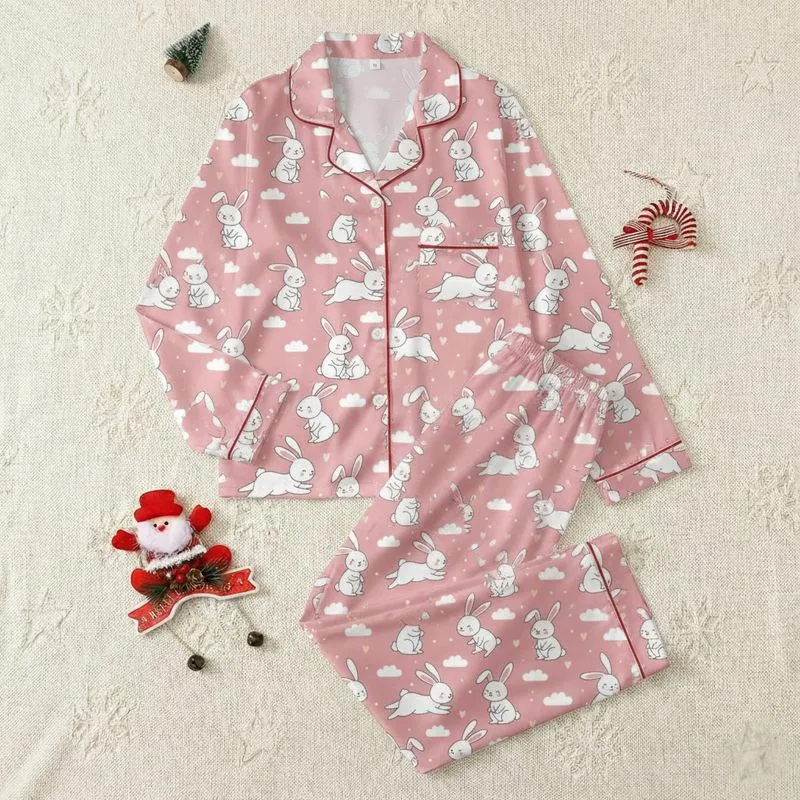 Cozy Style Lovers' Whimsical Rose Pink Seamless Pattern with Playful White & Blush Bunny Clouds & Hearts Satin Pajamas Set - 1