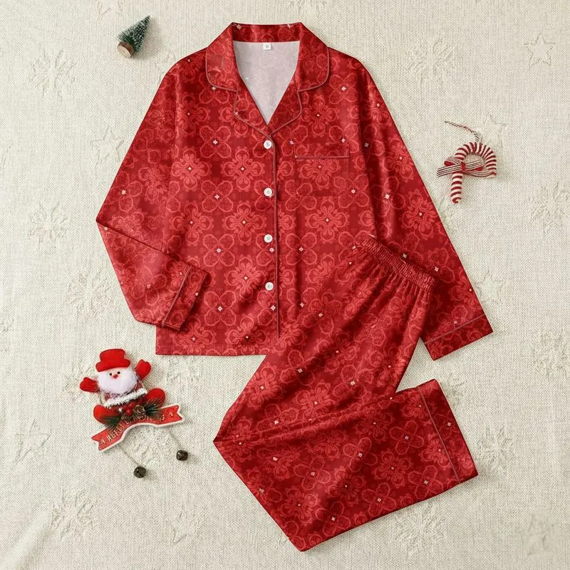 Women's Elegant Crimson Red Ornate Floral Lace Tone-on-Tone Design with Pearl Accents Satin Pajamas Set - 1