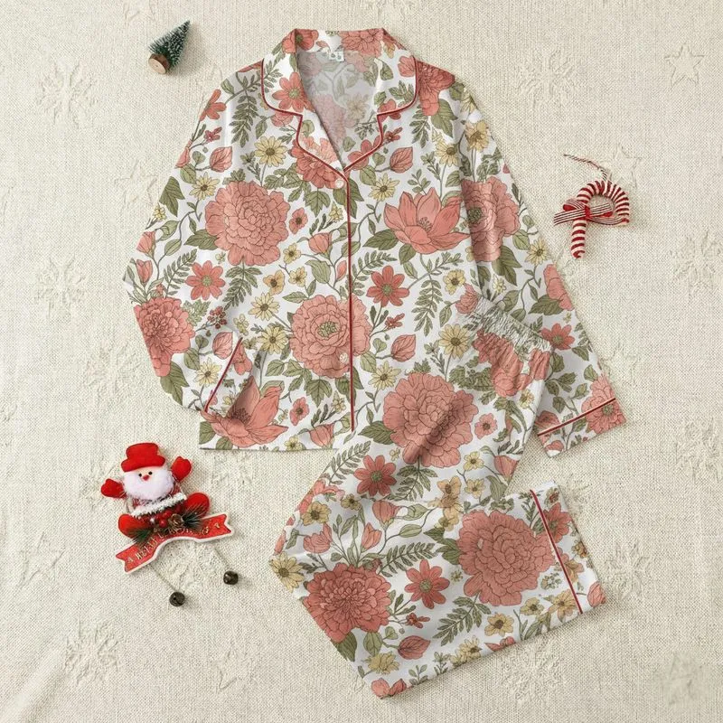 Women's Naturalistic Hand-Drawn Floral Muted Coral Pink Terracotta Olive Green Botanical Satin Pajamas Set - 1