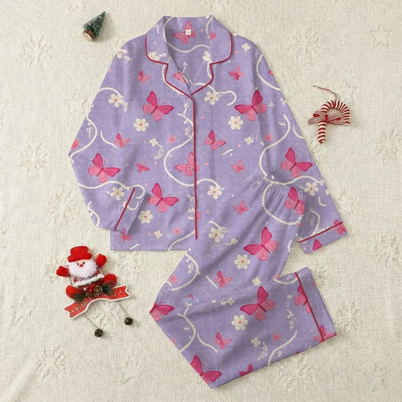 Women's Elegant Lilac Butterfly Rose Pink Pearl Floral Lavender Filigree Pattern Satin Pajamas Set - 1
