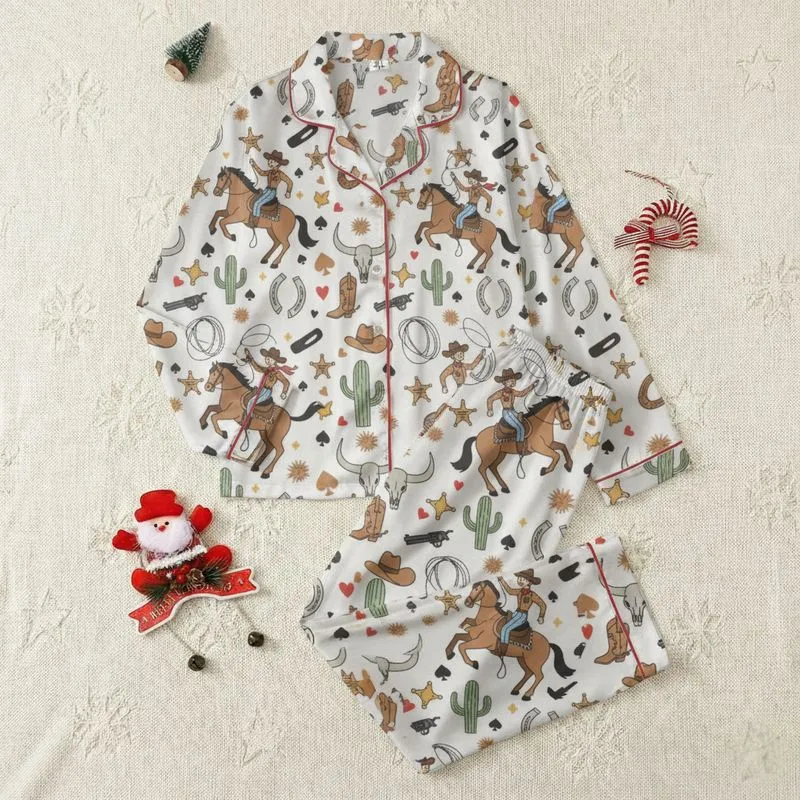 Women's Whimsical Western Rodeo Pattern with Cartoon Cowboys, Cacti, Sheriff Stars, & Playing Cards in Brown, Red, Blue & Green Satin Pajamas Set - 1