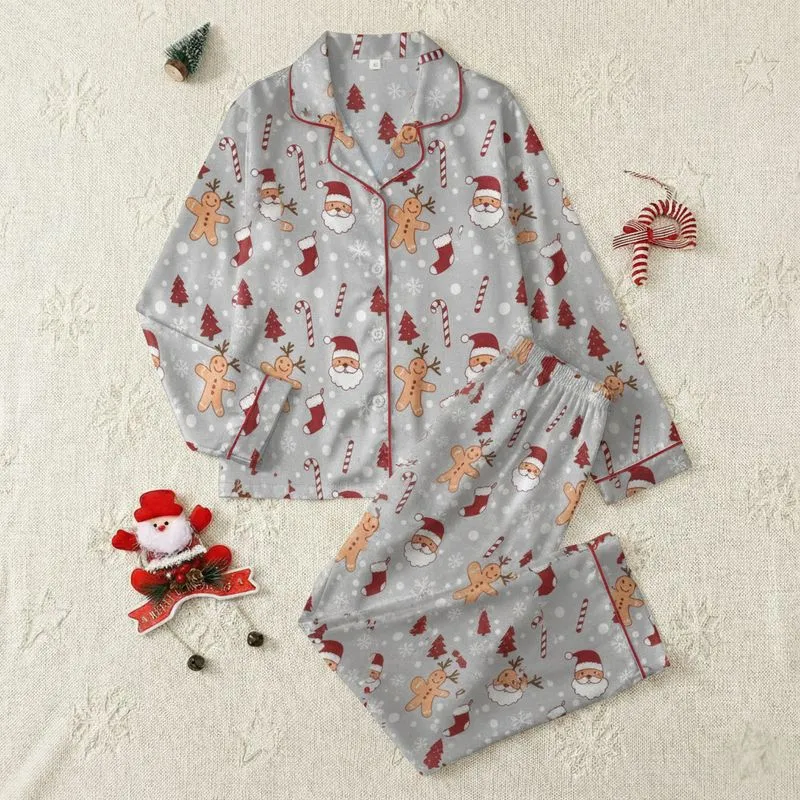 Women's Whimsical Light Grey Christmas Deep Red & Peach Gingerbread Reindeer Pattern Satin Pajamas Set - 1
