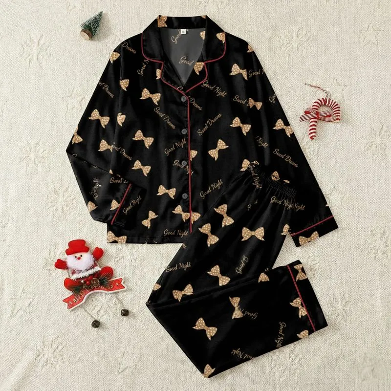 Women's Elegant Whimsical Black & Tan Bows 'Good Night Sweet Dreams' Pattern Satin Pajamas Set - 1