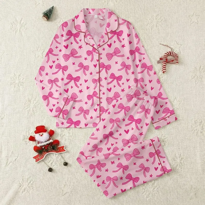 Women's Vibrant Fuchsia Pink Bows Cascading Ribbons Tiny Hearts Bubblegum Pattern Satin Pajamas Set - 1