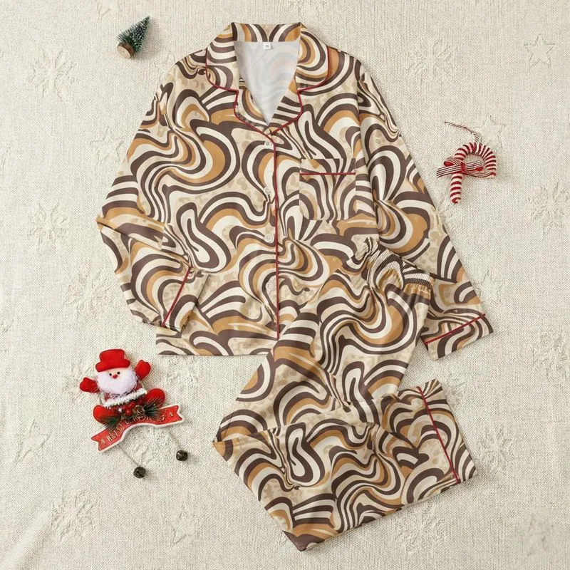 Women's Abstract Psychedelic Marbled Waves Espresso Cream Caramel Beige Satin Pajamas Set - 1