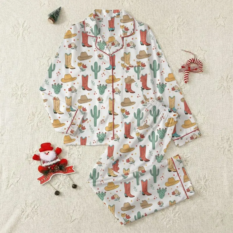 Women's Whimsical Western Rust Boots, Tan Hats, Teal Cacti & Coral Flowers Pattern Satin Pajamas Set - 1