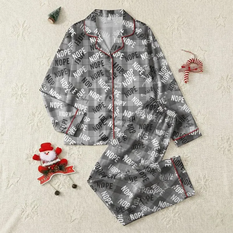 Expressive Individuals' Heather Grey Monochromatic Plaid 'NOPE Not Today' Bold & Script Text Design Satin Pajamas Set - 1