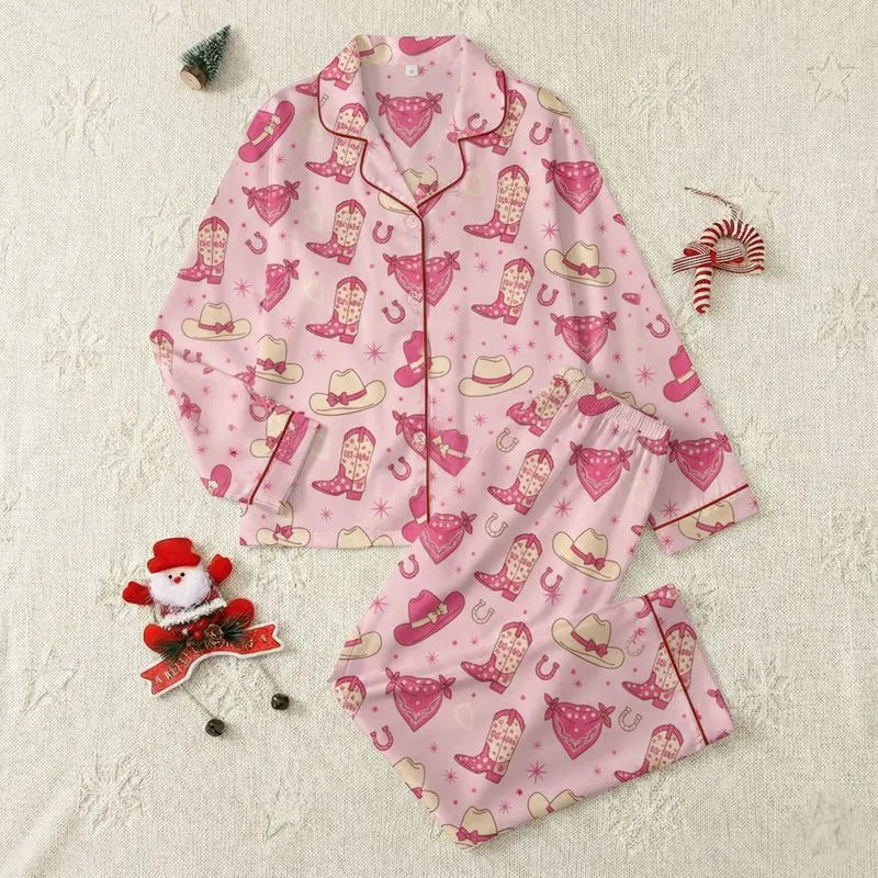 Women's Playful Western Cowboy Boots & Hats Heart Lasso Fuchsia Bubblegum Pink Pale Pink Pattern Satin Pajamas Set - 1