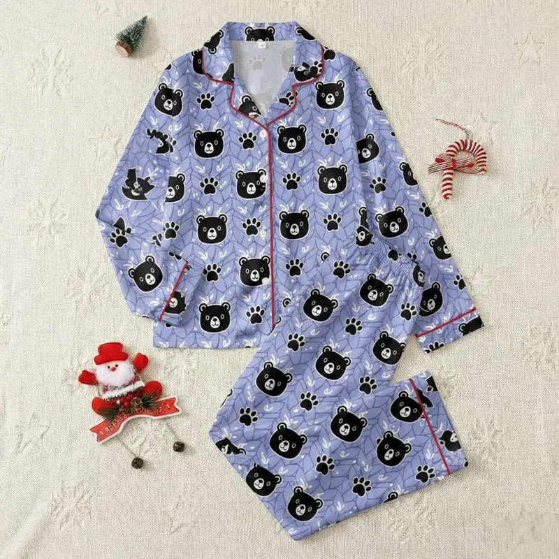 Women's Muted Lavender Blue Stylized Bear Face & Paw Pattern with Cable Knit Texture Satin Pajamas Set - 1