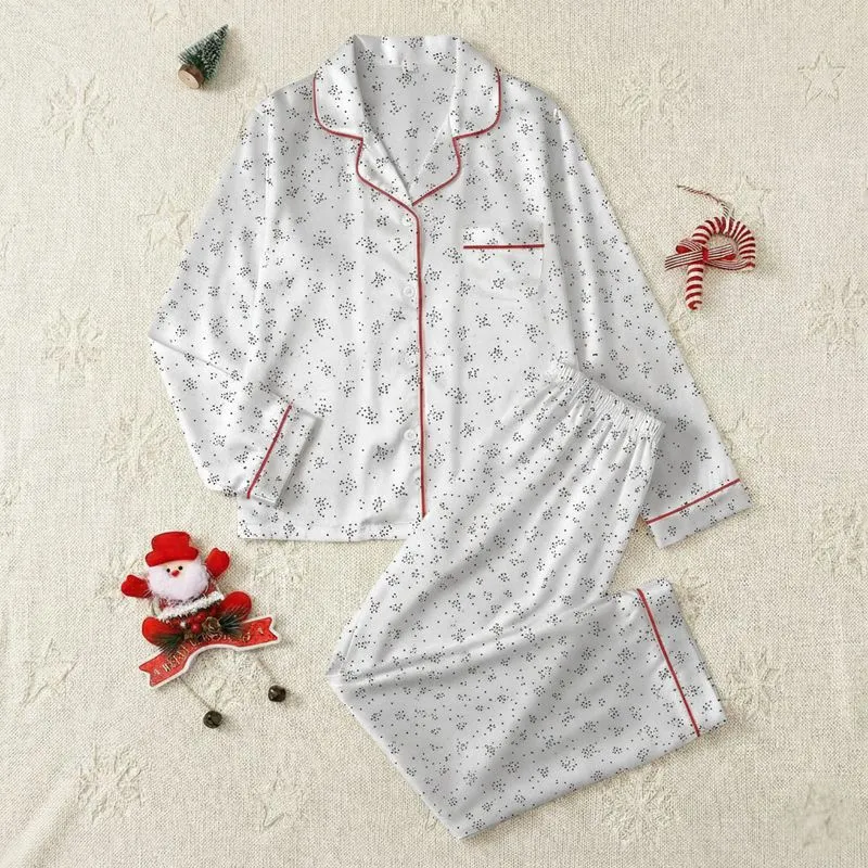 Women's Minimalist Black and White Organic Scattered Dot Pattern of Varying Sizes Satin Pajamas Set - 1