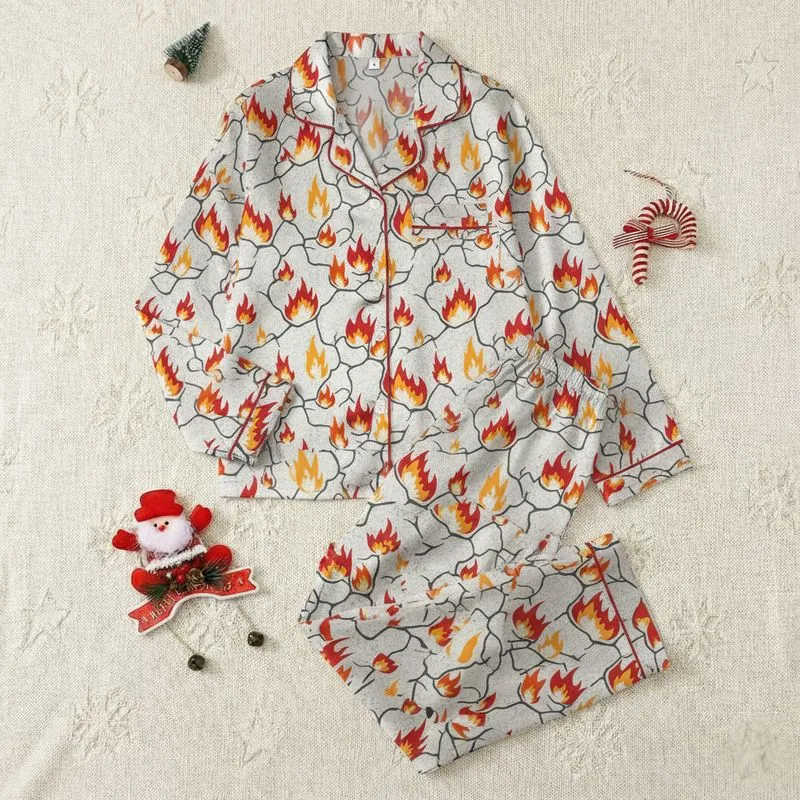 Women's Speckled Gray Fissure Design with Vibrant Orange Yellow Red Stylized Flames Satin Pajamas Set - 1