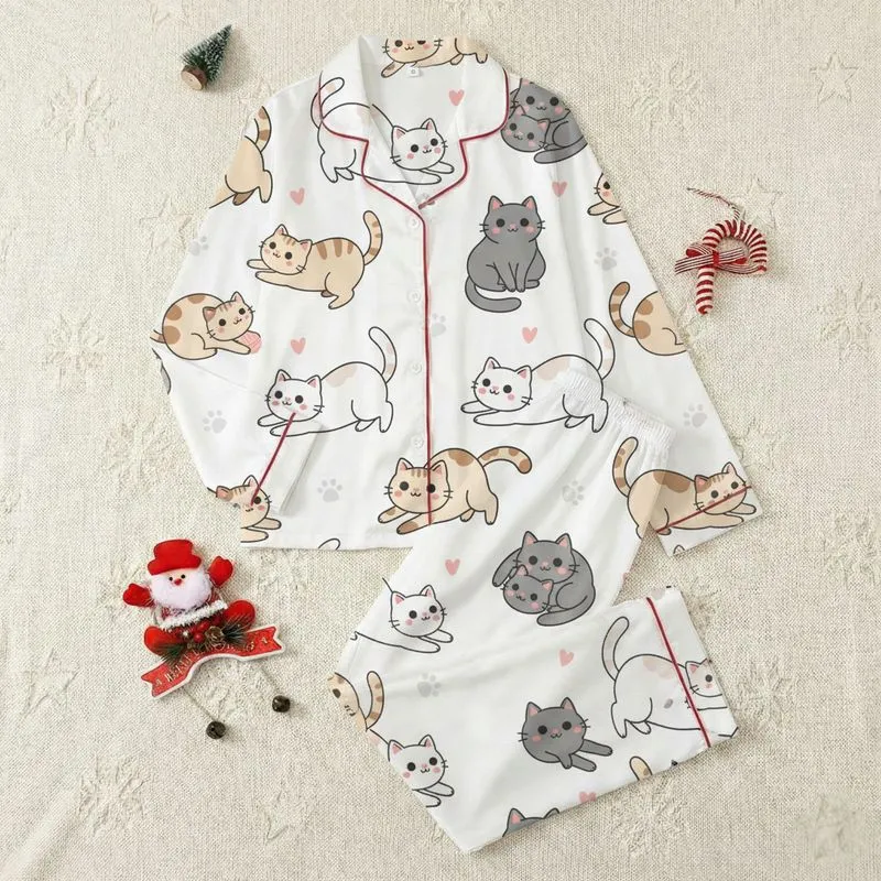 Cat Lovers' Whimsical Cartoon Cats with Beige Grey Brown White Patches, Pink Hearts, Paw Prints Satin Pajamas Set - 9waqr3konq