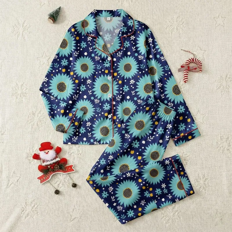 Women's Deep Navy Blue Teal Sunflower Folk Art Repeating Pattern with Golden Yellow Details Satin Pajamas Set - 1