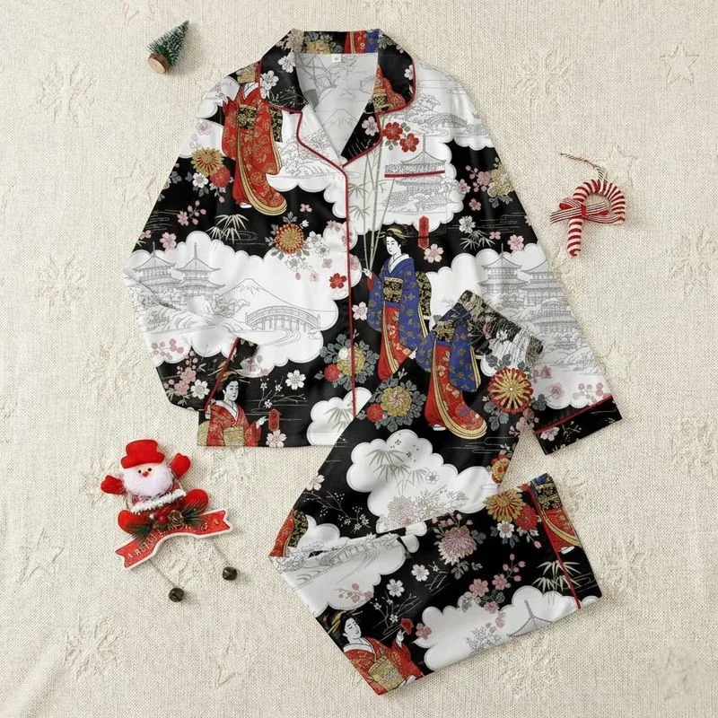 Women's Japanese Ukiyo-e Geisha, Cherry Blossom & Pagoda Art Print in Red, Gold, Blue, Black & White Satin Pajamas Set - 1
