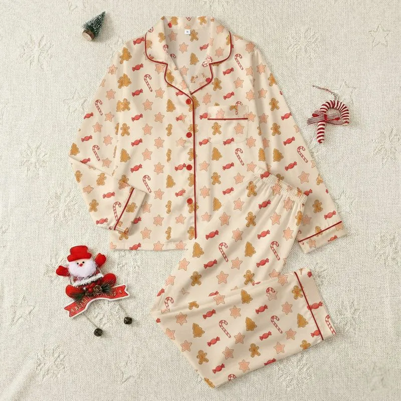 Women's Cream Background Playful Holiday Sweets Red White Candy Cane Gingerbread Star Cookie Motif Satin Pajamas Set - 1