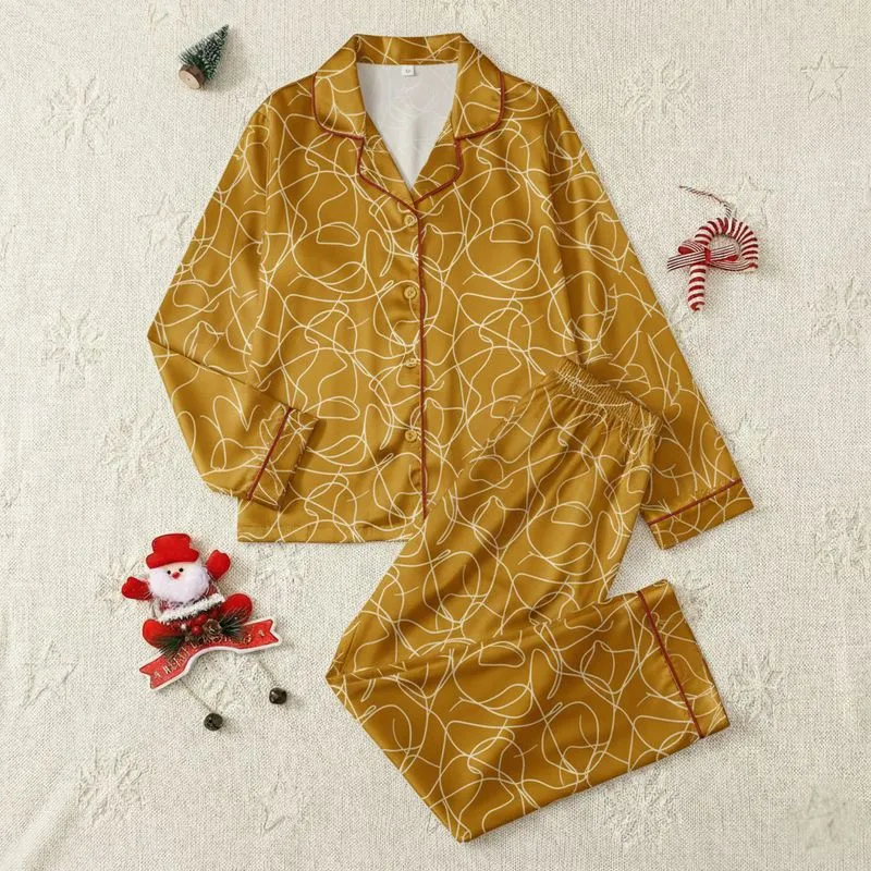 Women's Elegant Mustard Gold Abstract Flowing Lines & Organic Shapes Pattern Satin Pajamas Set - 1