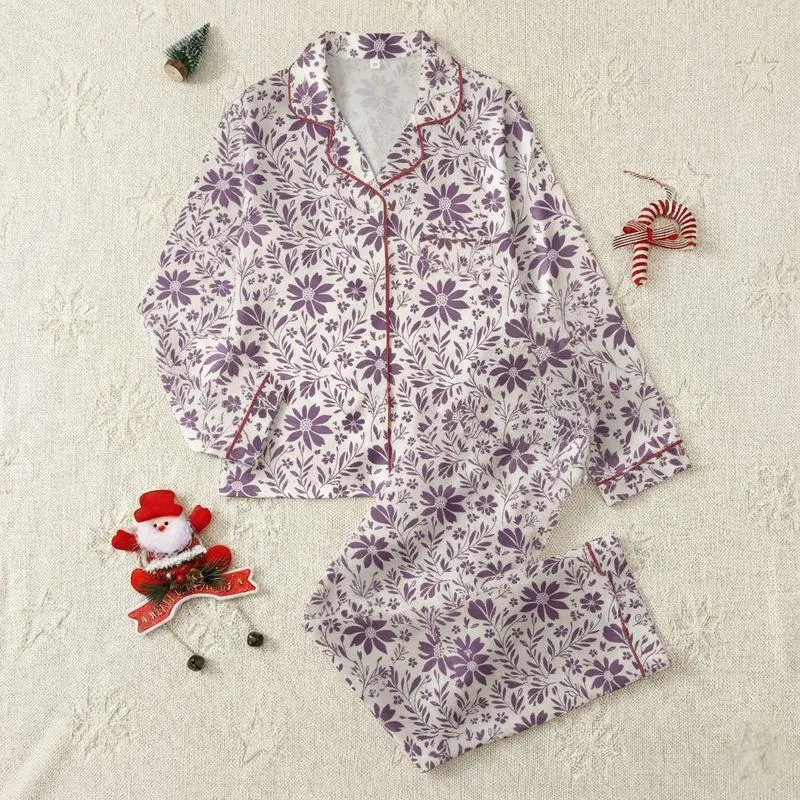Women's Hand-Drawn Plum Floral Botanical Silhouette Pattern on Creamy Off-White Satin Pajamas Set - 1