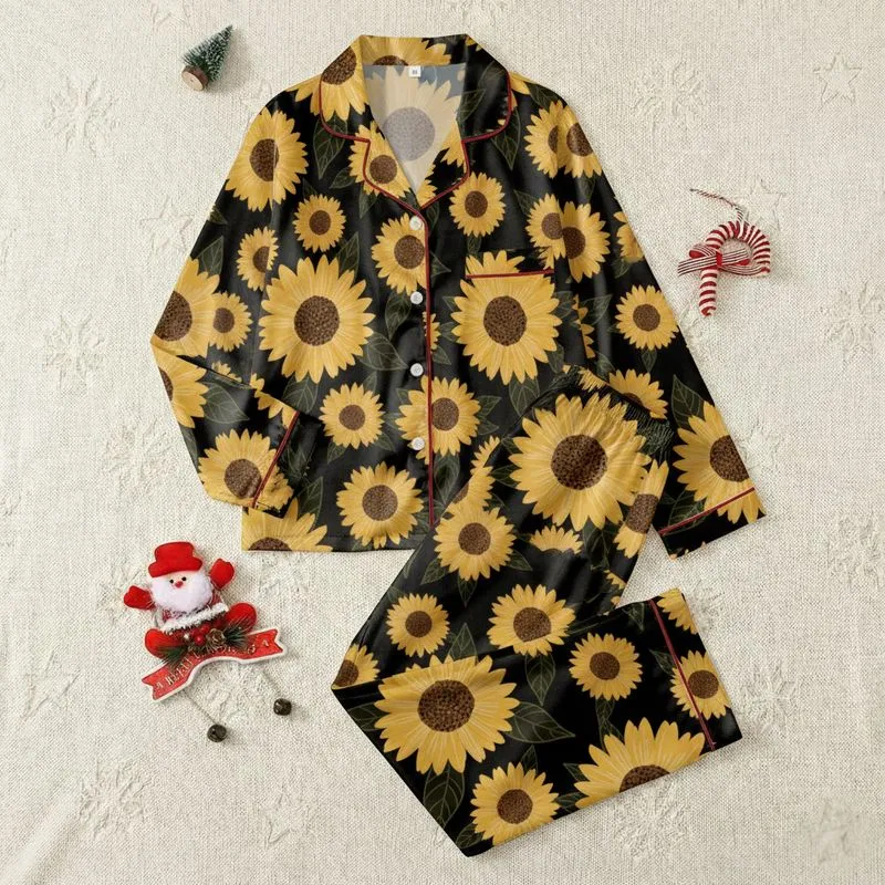Women's Dense Mustard Yellow Sunflower & Olive Abstract Floral Black Tapestry Satin Pajamas Set - 1
