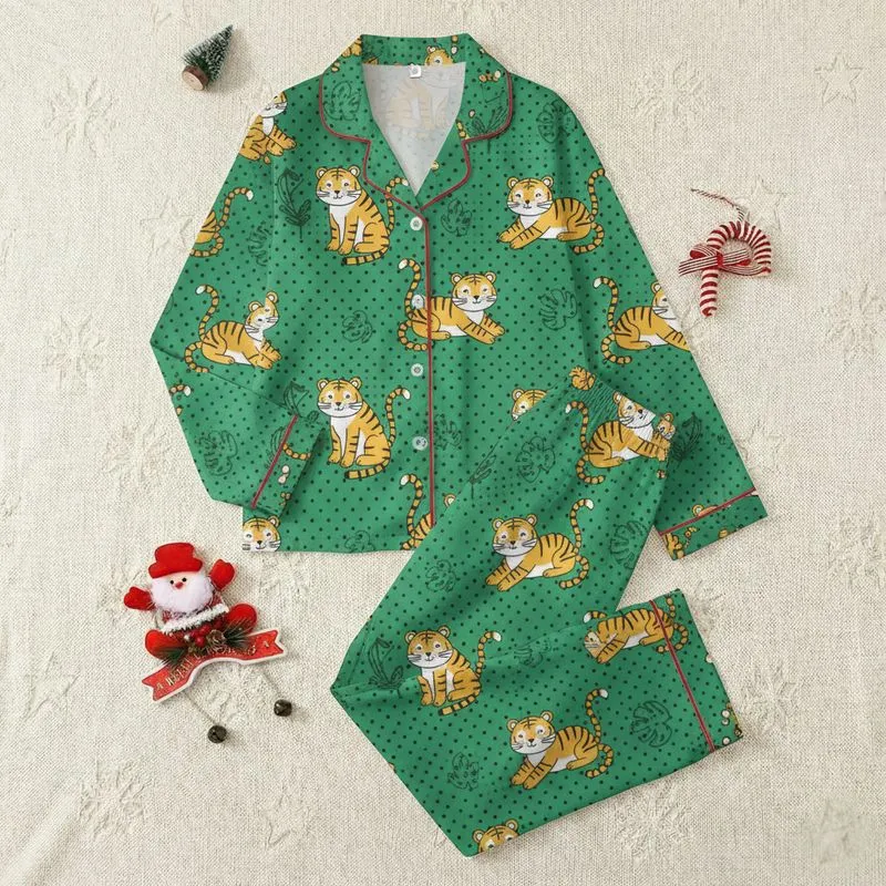 Animal Lovers' Whimsical Golden Yellow & White Tiger Emerald Green Polka Dot Jungle Pattern Satin Pajamas Set - 1