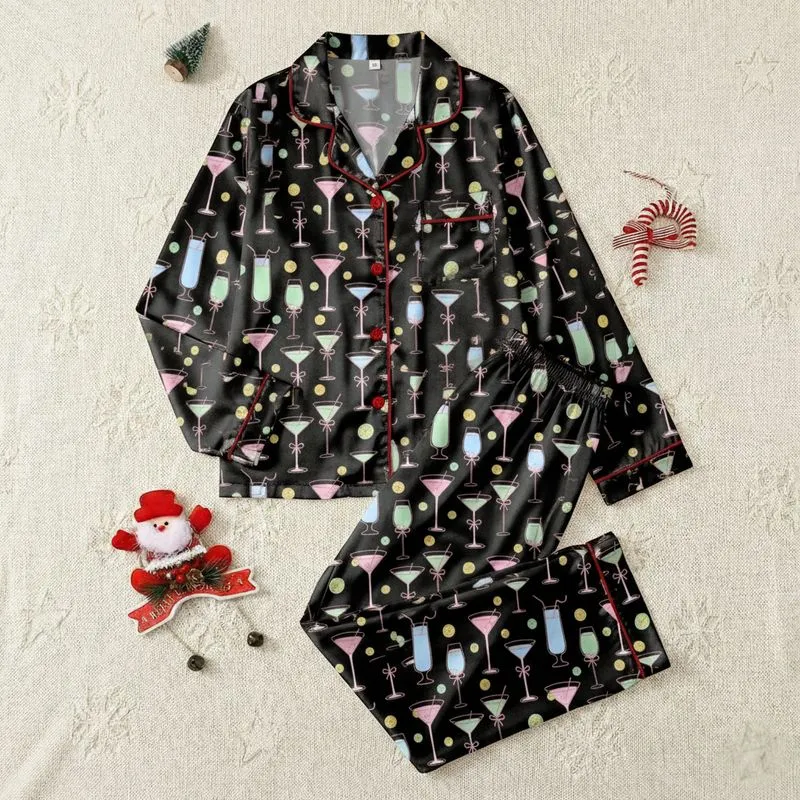 Women's Whimsical Black Pink Blue Green Cocktail Glasses & Citrus Slices Pattern Satin Pajamas Set - 1