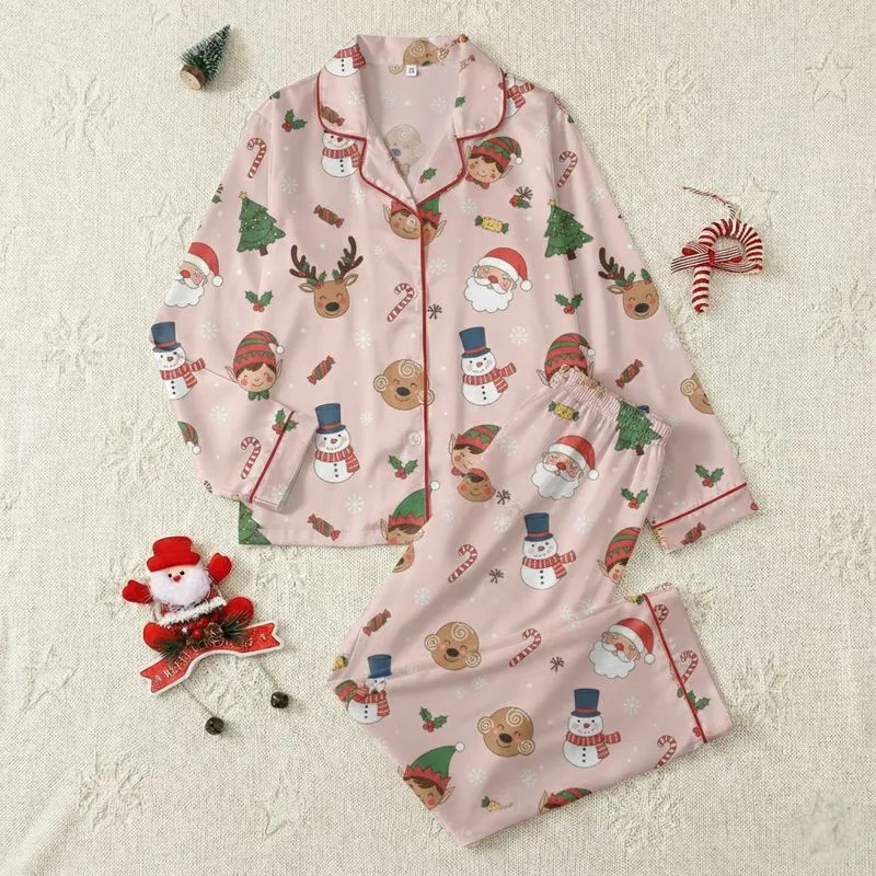 Women's Soft Pink Whimsical Christmas Santa Reindeer Gingerbread Elf Snowman Scattered Pattern Satin Pajamas Set - 1