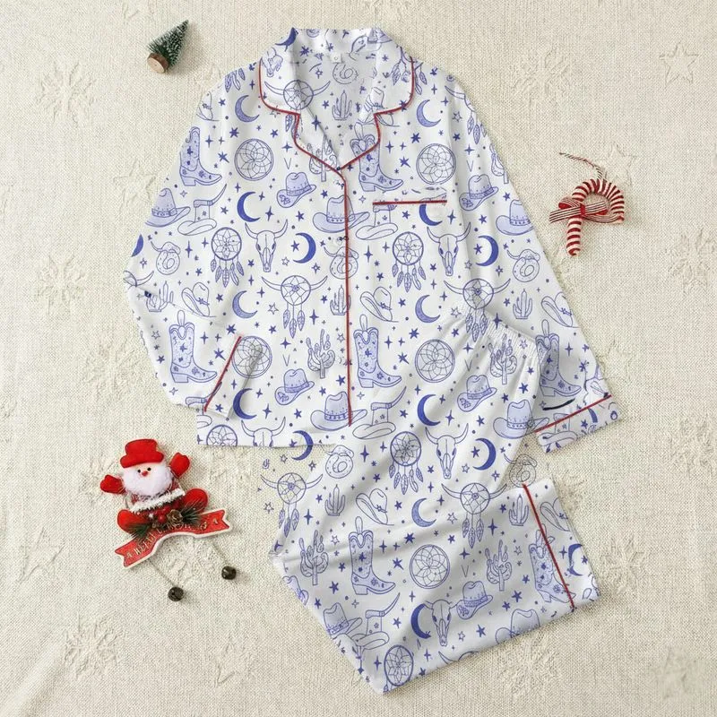 Women's Whimsical Western Celestial Muted Periwinkle Navy Cowboy Boot & Moon Pattern Satin Pajamas Set - 1