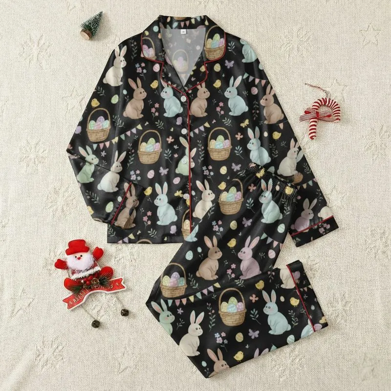 Women's Deep Charcoal Whimsical Pastel Bunny, Egg & Spring Garden All-Over Print Design Satin Pajamas Set - 1