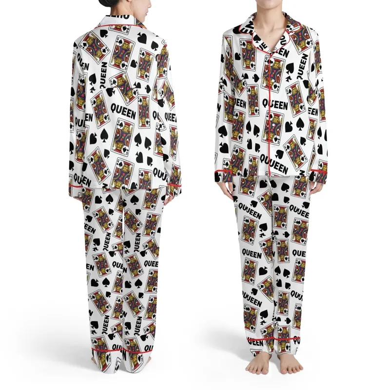 Women's Graphic Flat Queen of Spades Playing Card Pattern Black Red Blue Yellow Dynamic Spade Symbols QUEEN Text Satin Pajamas Set - 1