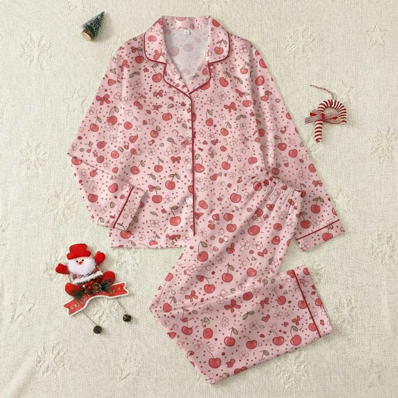 Women's Whimsical Pink Cherry Bow Scattered Pattern, Red Cherries, Petite Bows & Dotted Blossoms Satin Pajamas Set - 1