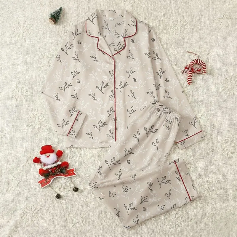 Women's Elegant Minimalist Abstract Floral Line Art Pattern with White, Charcoal Black on Pale Beige Satin Pajamas Set - 1