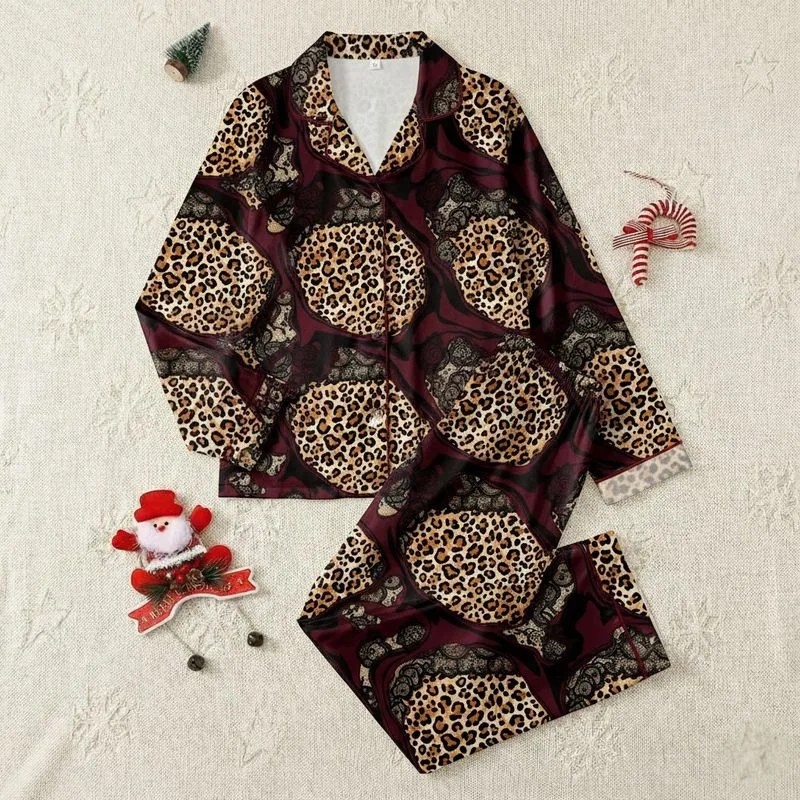 Women's Bold Golden Brown Leopard & Marbled Burgundy Abstract with Black Lace Design Satin Pajamas Set - 1