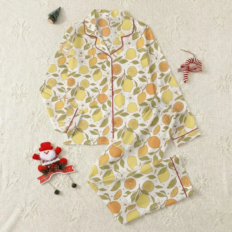 Women's Gentle Hand-Drawn Lemon Orange Blossom Olive Green Scatter Print Satin Pajamas Set - 1