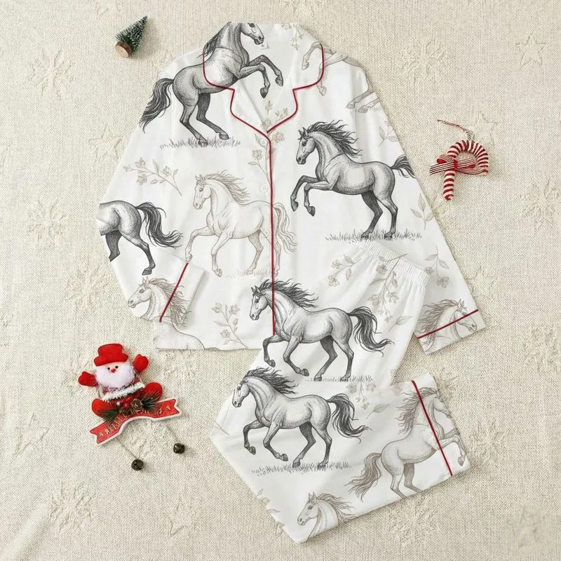 Women's Vintage Equestrian Charcoal Grey Hand-Drawn Horses Sepia Botanical Pattern Satin Pajamas Set - 1