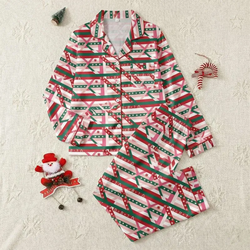 Adults' Minimalist Geometric Multi-Stripe Candy Cane, Star, Snowflake Pattern in Pink, Red, Green, White Satin Pajamas Set - 1