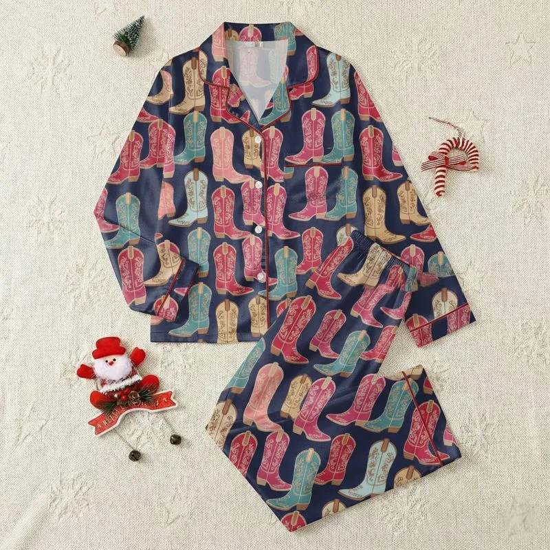 Cowgirl Style Lovers' Illustrative Vintage Hand-Drawn Cowboy Boot Pattern with Vibrant Jewel & Earth Tones on Dark Navy Satin Pajamas Set - 1