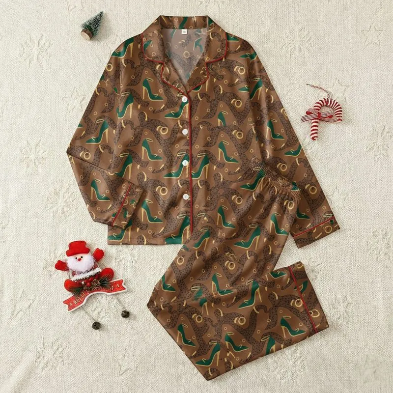 Fashion-Forward Women's Elegant Forest Green Heels Gold Cuffs Sheer Black Polka Dot Chocolate Brown Satin Pajamas Set - 1