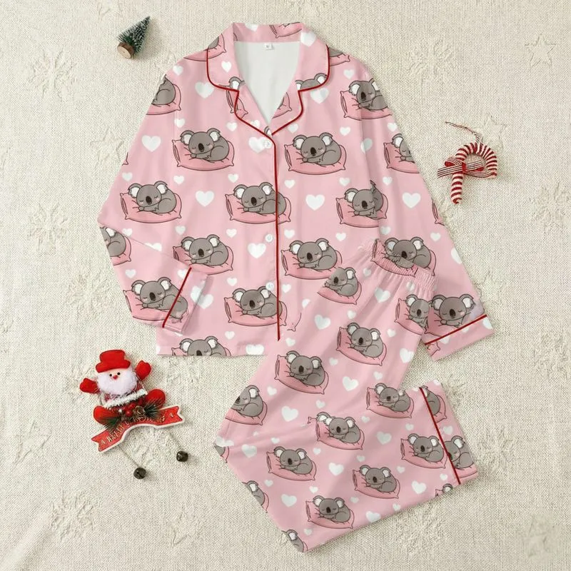 Women's Cute Sleeping Koalas & Scattered Hearts Pastel Pink Warm Grey Cartoon Illustrative Pattern Satin Pajamas Set - 1