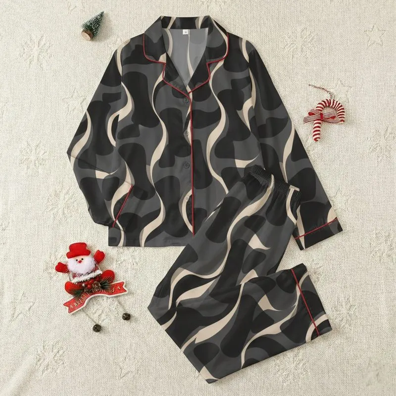 Women's Sophisticated Black Charcoal Muted Beige Abstract Flowing Fabric Shapes Satin Pajamas Set - 1
